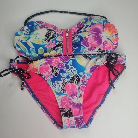 Hobie neon tropical print string bikini with zipper top large & bottom small - Picture 1 of 12